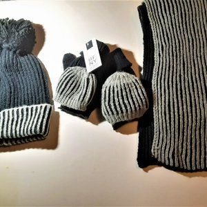 BFNY Womans Black Gray Warm Winter Hat Cap Gloves Scarf Gift Set New